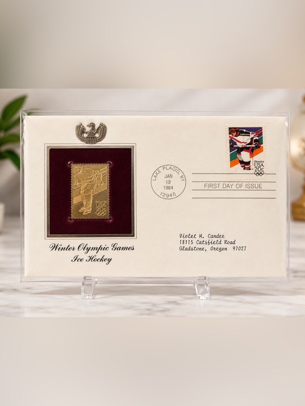 1984 22kt gold stamped Winter Olympic Hockey Commemorative Envelope First Issue